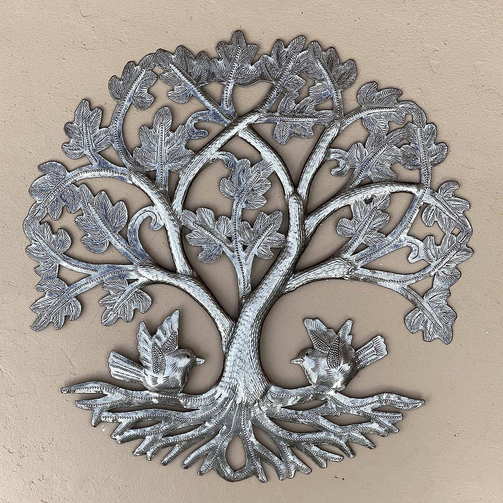 13" Small Round Oak Tree with Birds, Wall Hanging Art