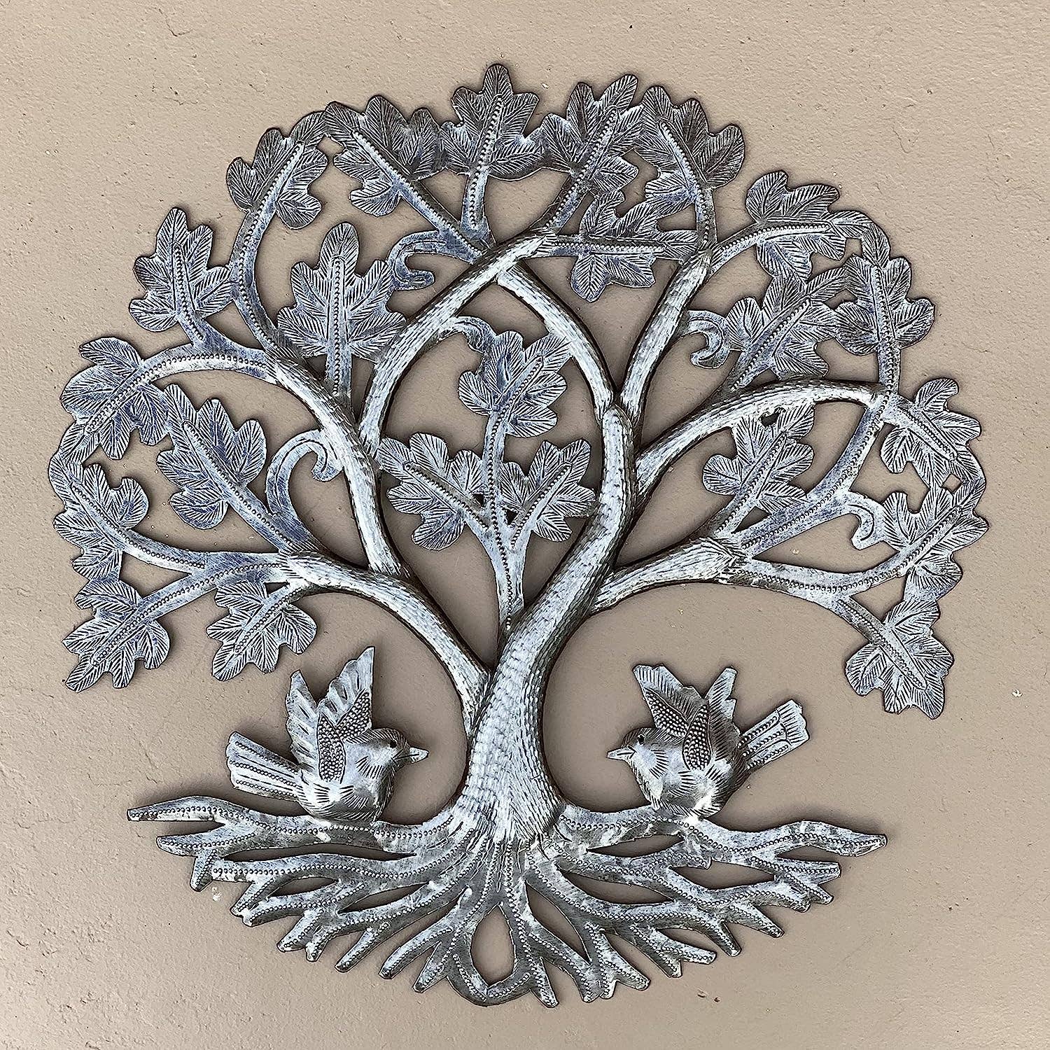 13" Small Round Oak Tree with Birds, Wall Hanging Art