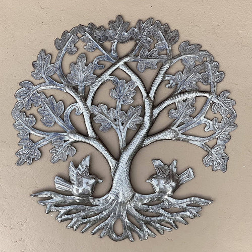 13" Small Round Oak Tree with Birds, Wall Hanging Art