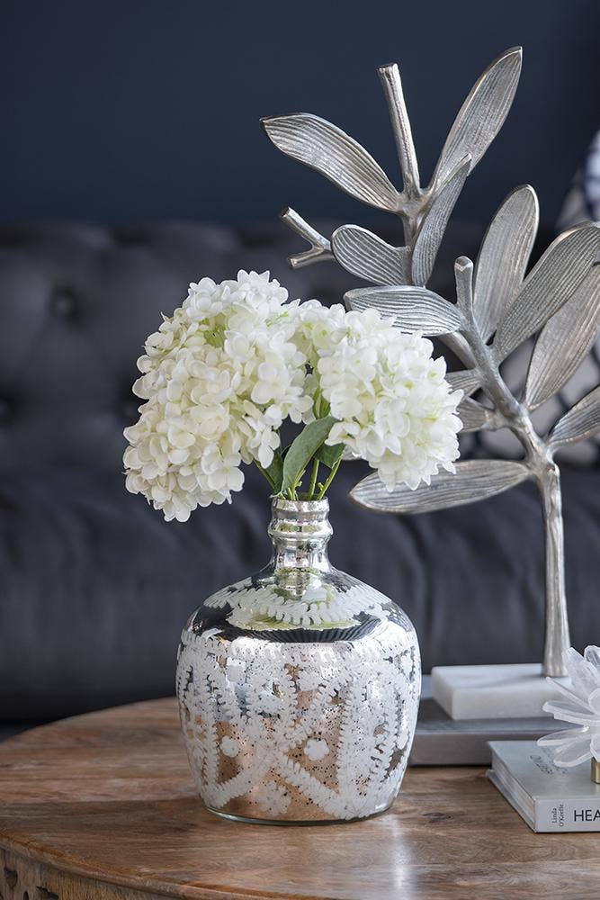 D8x10" Antique Silver Etched Flower Vase