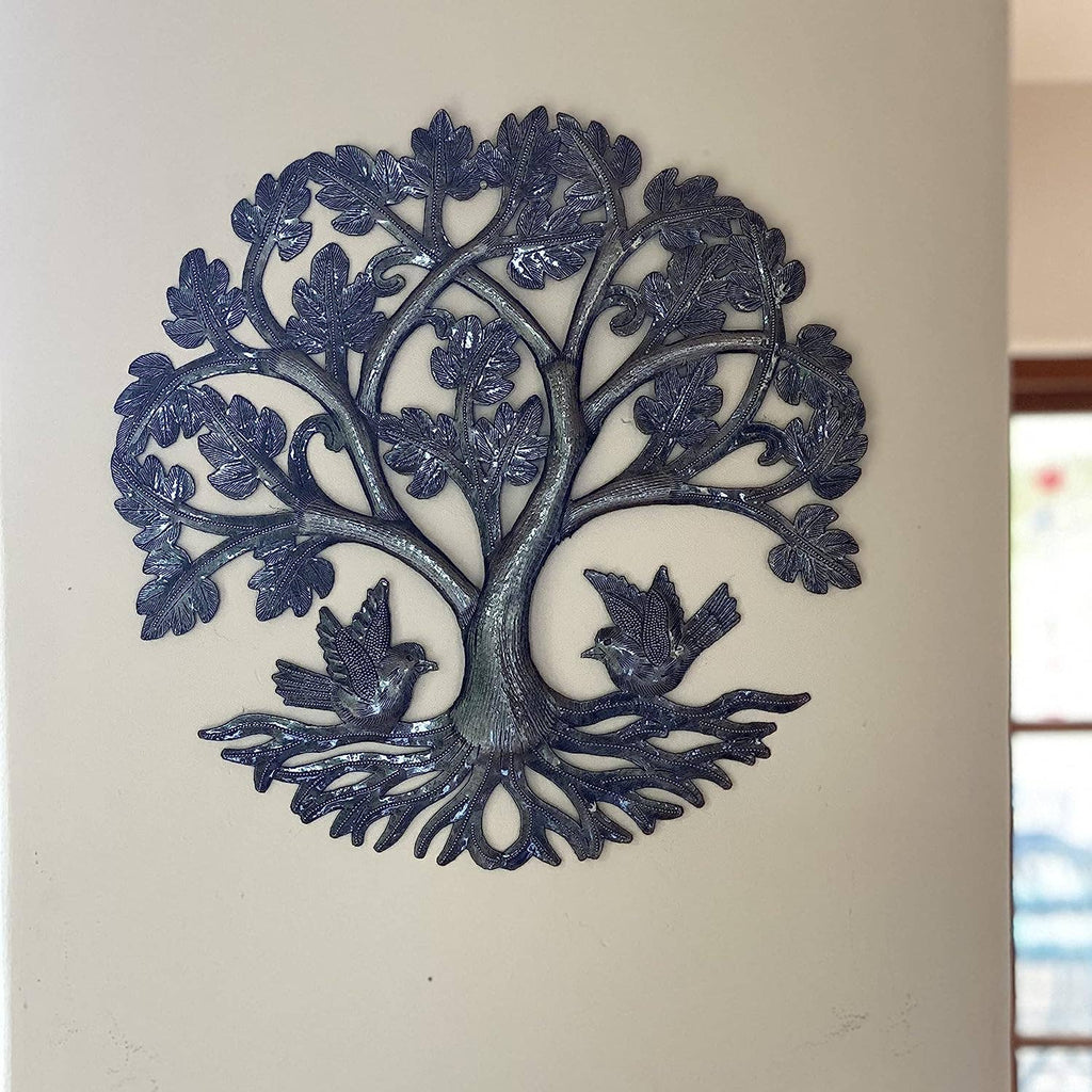 13" Small Round Oak Tree with Birds, Wall Hanging Art