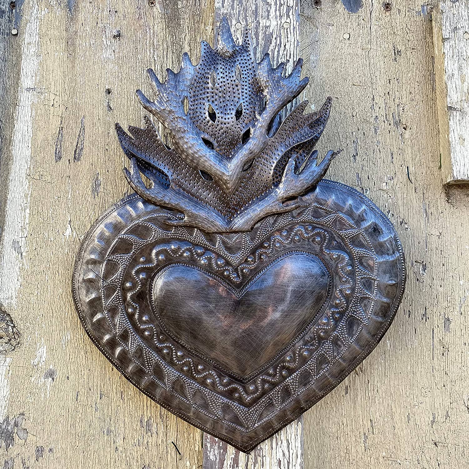 Flaming Sacred Heart, Religious Folk Art 13" x 17"