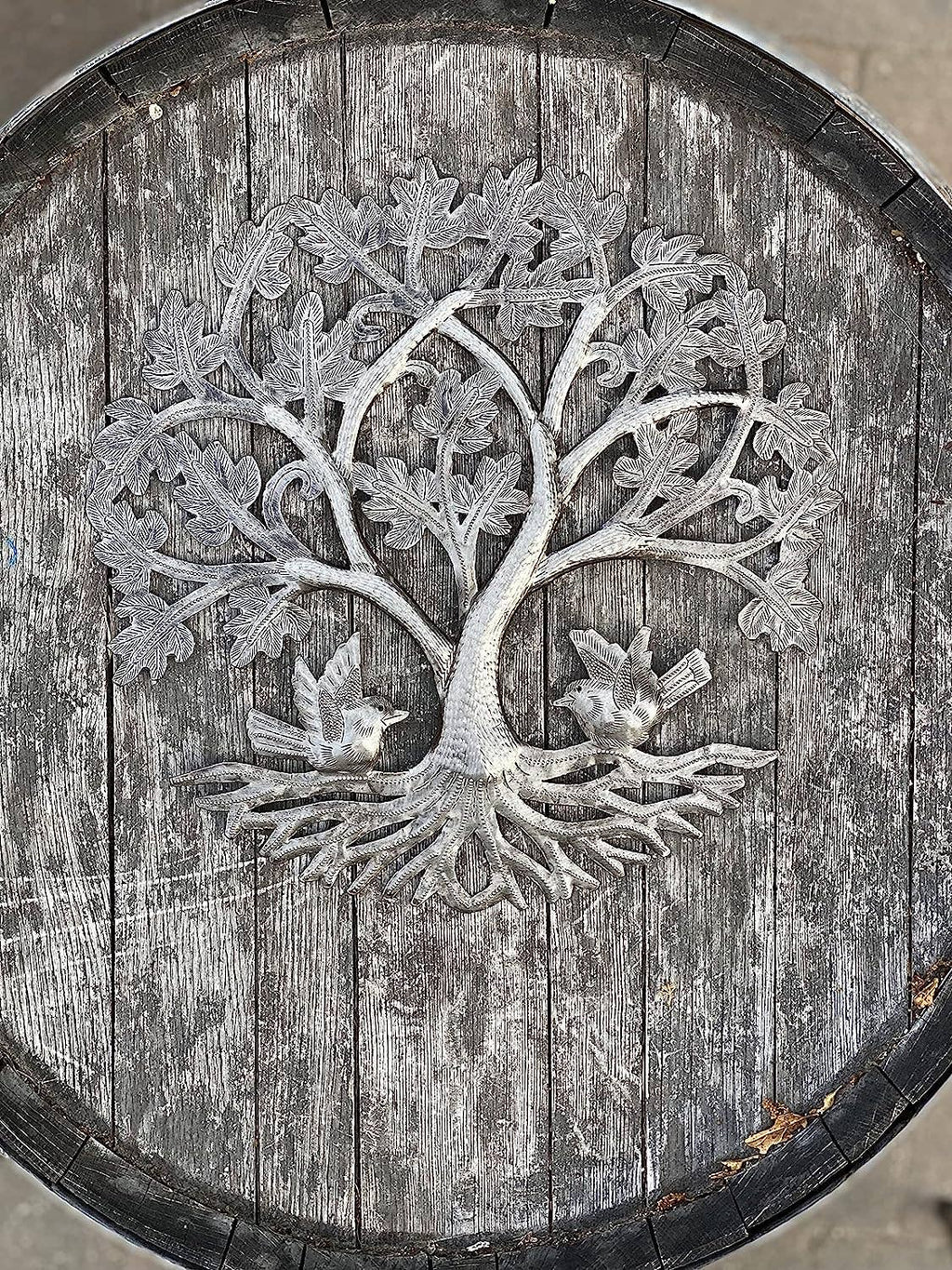 13" Small Round Oak Tree with Birds, Wall Hanging Art