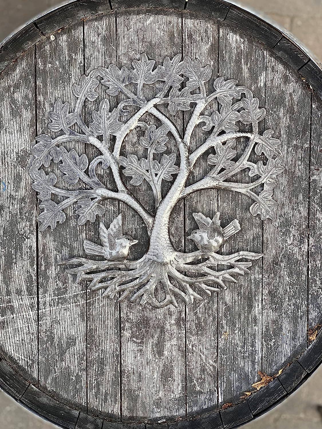 13" Small Round Oak Tree with Birds, Wall Hanging Art