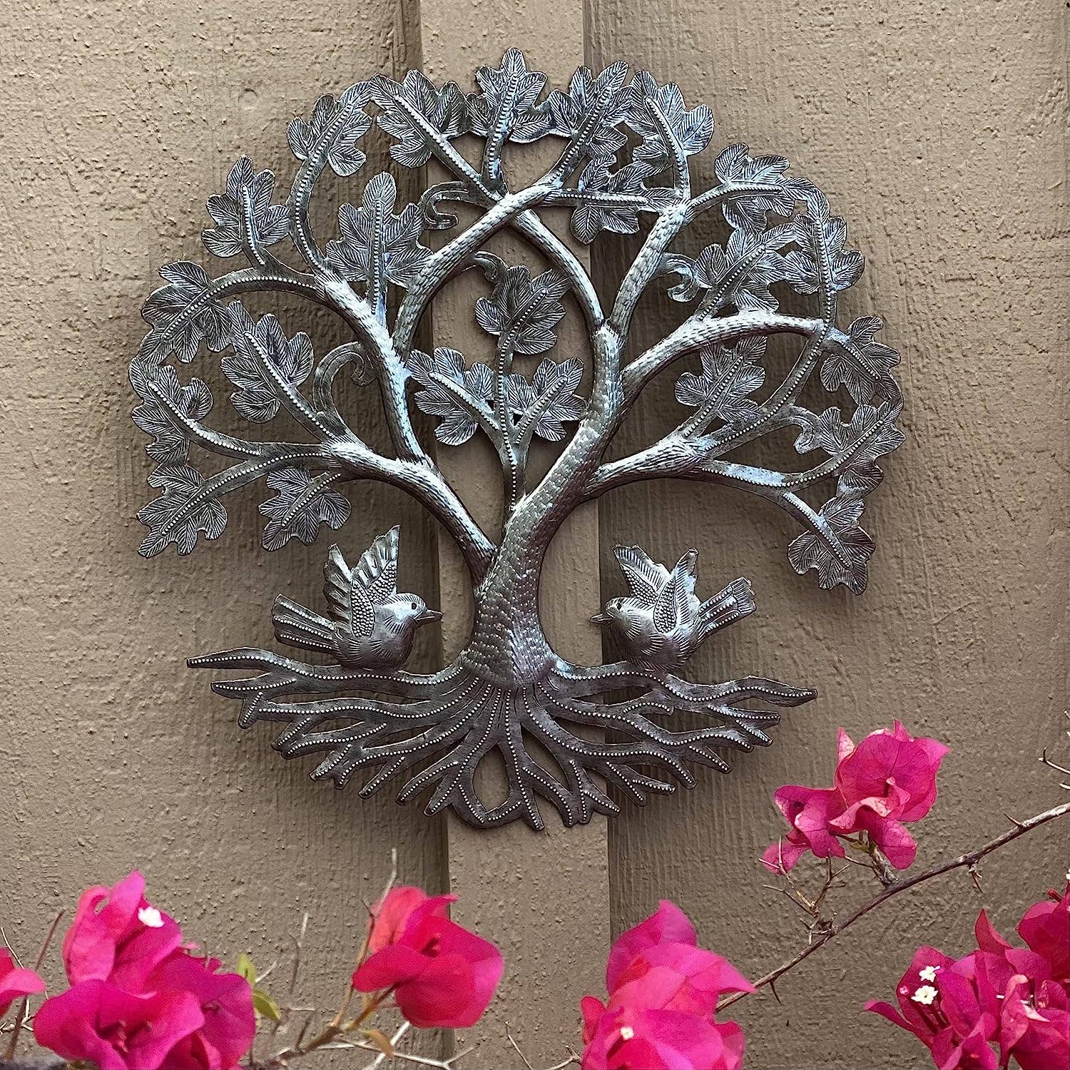 13" Small Round Oak Tree with Birds, Wall Hanging Art