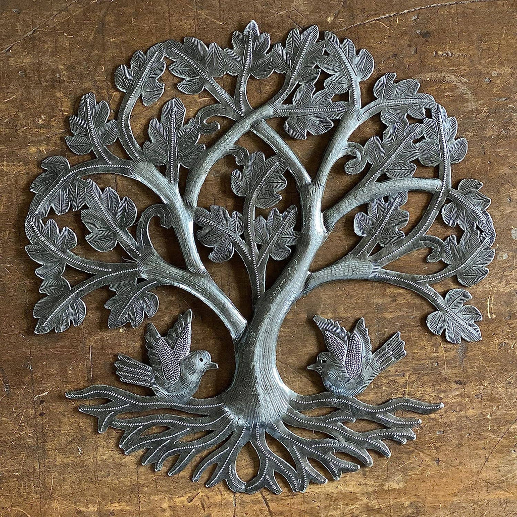 13" Small Round Oak Tree with Birds, Wall Hanging Art