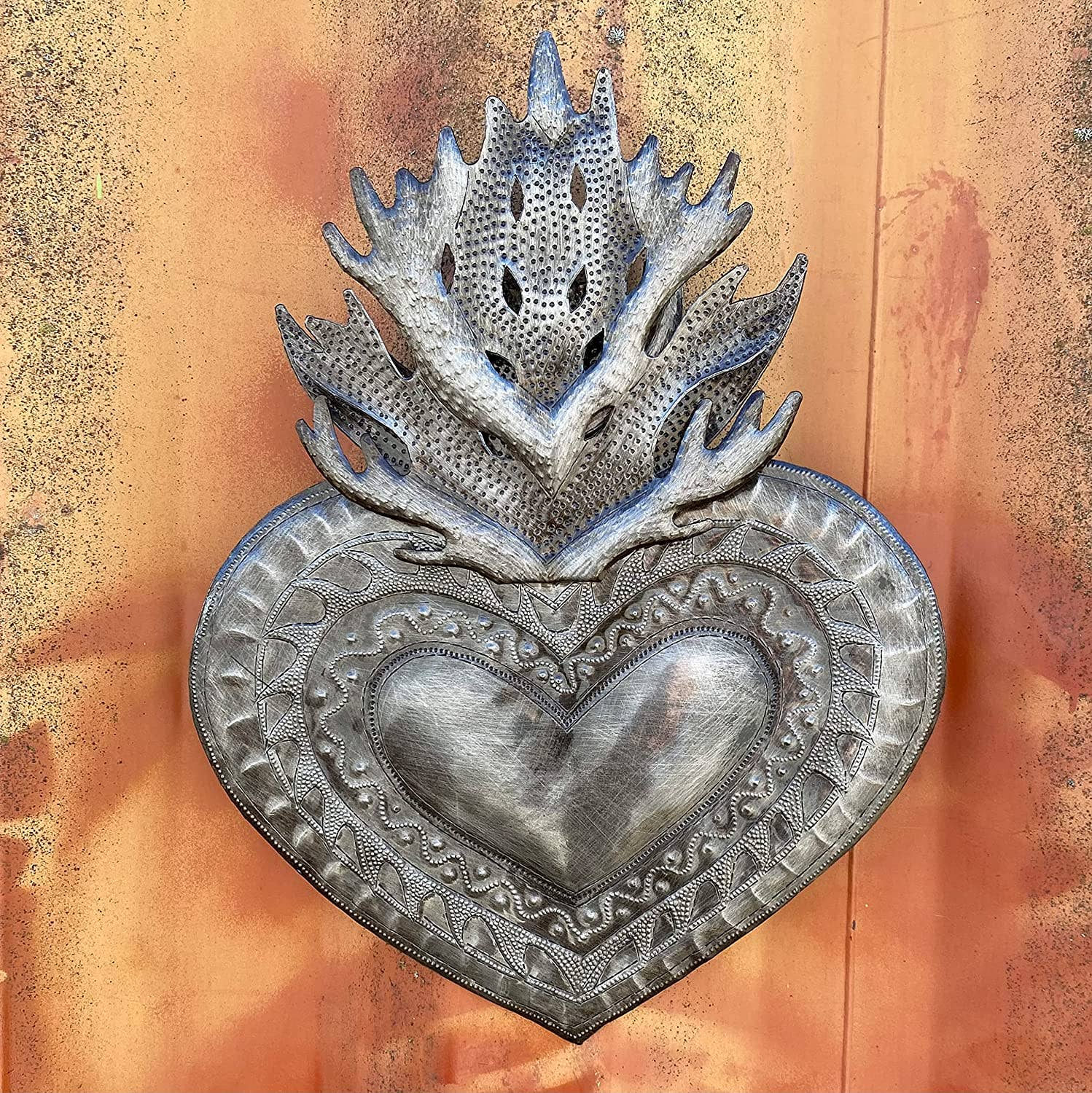 Flaming Sacred Heart, Religious Folk Art 13" x 17"